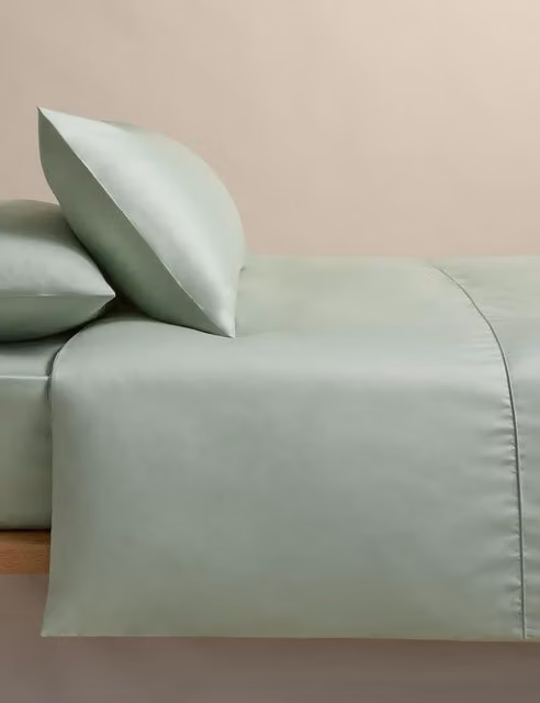 M&S Egyptian Cotton Mako Satin Duvet Cover Set, 230 Thread Count, Green, W: 180 cm x L: 200 cm