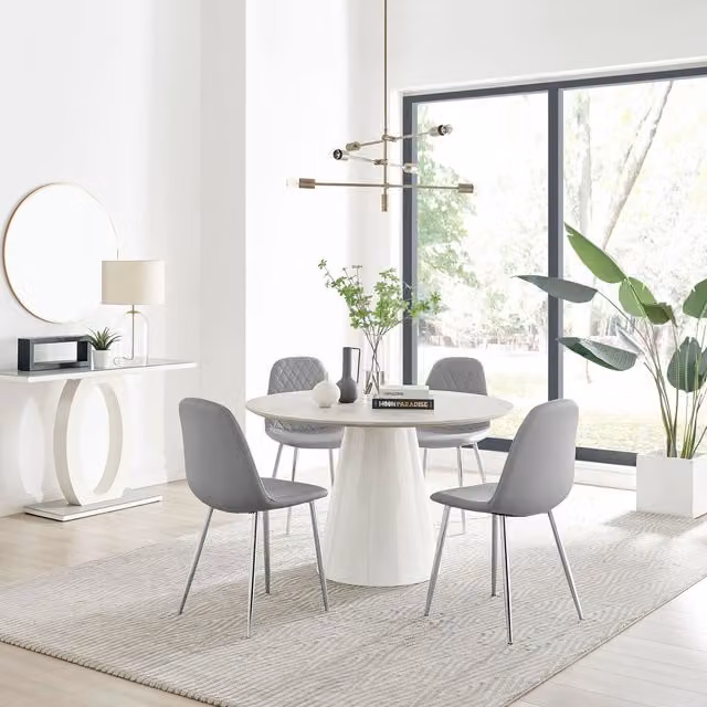FurnitureboxUK Palma Beige Stone Effect Round Dining Table and 4 Corona Silver Chairs in Grey