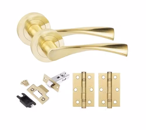 Golden Grace Astrid Door Handles with Latch and Hinges in Satin Brass