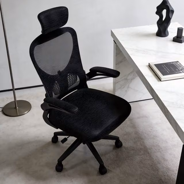 Home Treats Ergonomic Black Mesh Office Chair with Armrests and Headrest, W/D/H: 54 x 54 x 130 cm