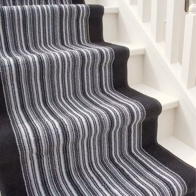 The Rug House Striped Cut To Measure Stair Carpet Runner, Black and White, Width: 60 cm, Length: 975 cm