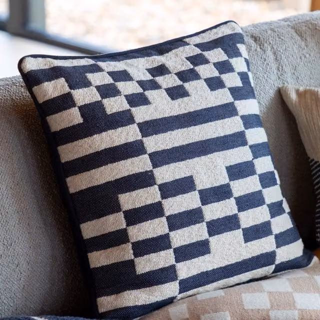 Terrys Modern Checked Square Cotton Cushion with Feather Filling, Blue, White and Black, W/D/H: 45 x 45 x 45 cm