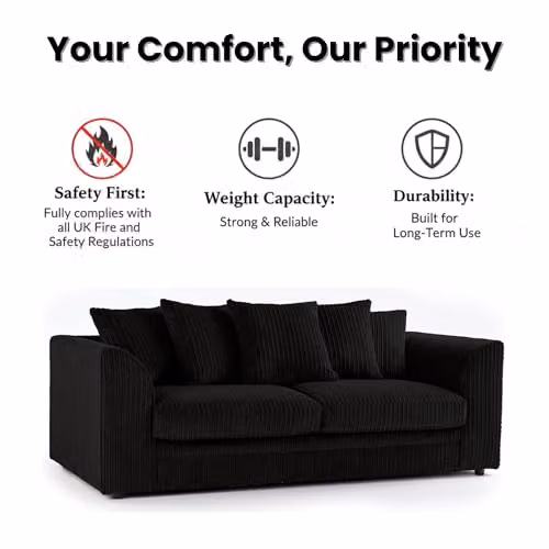 Bliss Furniture Dylan 3 Seater Scatter Back Sofa in Grey and Black Jumbo Cord Fabric with Removable Covers, W/D/H: 190 x 90 x 90 cm – 4