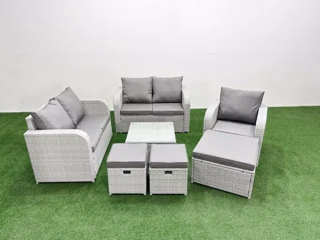 Fimous Poly Rattan Garden Furniture Set in Light Grey with Reclining Chair, 2-Seater Sofa, Coffee Table and Ottoman