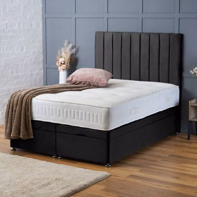 BSSPOKE Aria Ottoman Divan Bed with 54 inch Panel Headboard in Black Plush Velvet, Super King, W/D/H: 200 x 163 x 200 cm