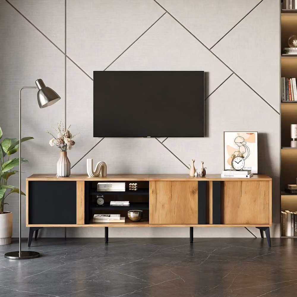 BTM Rustic Brown TV Stand for up to 80 inch TVs with 3 Cabinets, 3 Shelves and Steel Frame – 3