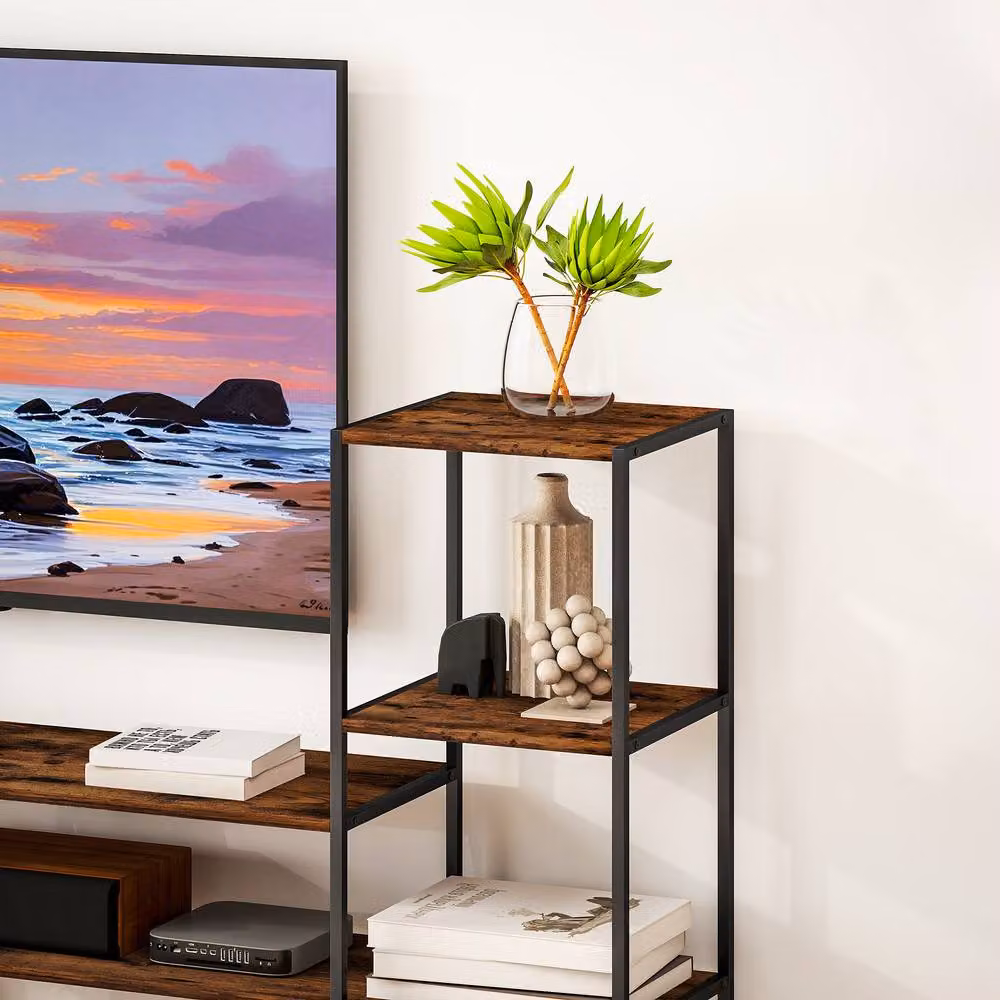 STILVORA Rustic Brown TV Unit with 8 Shelves and Metal Accents – 7