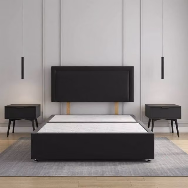 Regional Furnishings Luxury Double Divan Bed Base with 24 inch Plush Velvet Headboard in Black, W/D: 140 x 200 cm