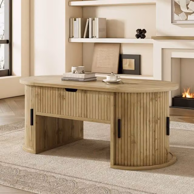 Merax Oval Lift-Top Coffee Table with Sliding Doors and Storage in Brown and Beige