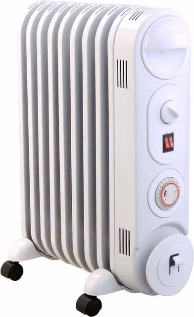 MYLEK White 2kW Electric Oil Filled Radiator with Thermostat, 24 Hour Timer and Tilt Protection