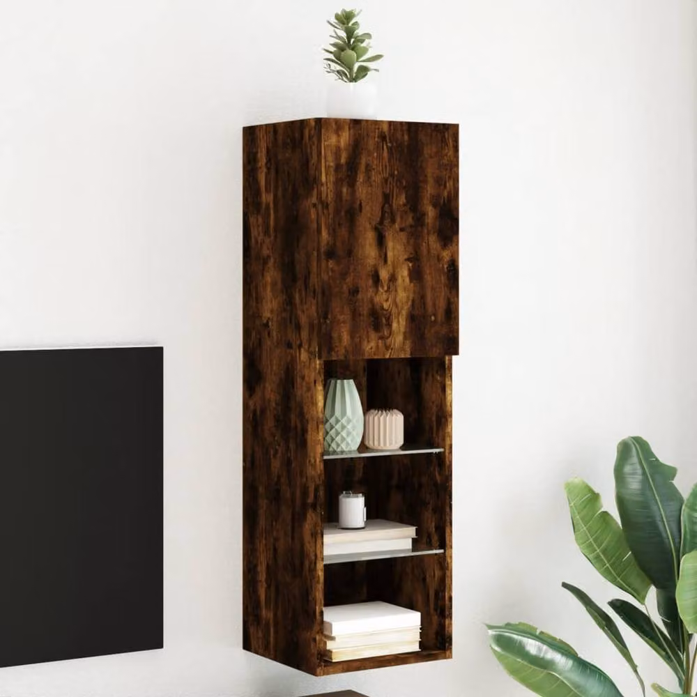 Berkfield Home Modern TV Cabinet with Integrated LED Lights and Glass Doors in Smoked Oak Brown, W/D/H: 30.5 x 30 x 102 cm – 2