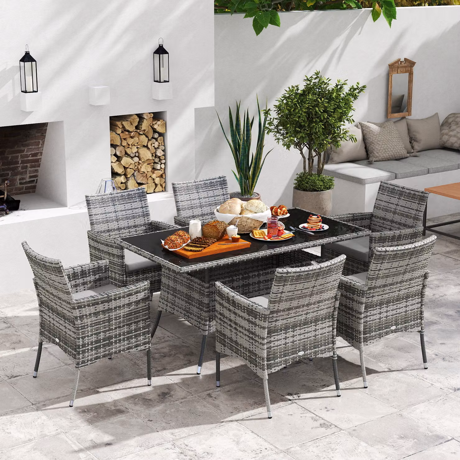 Outsunny 6-Seater Rattan Dining Set with Rectangular Glass Top Table and Cube Chairs in Grey – 2
