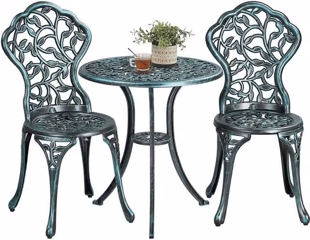 KORVIXA 3 Piece Antique Green Floral Bistro Dining Set with Aluminium Metal Table, Diameter: 100 cm