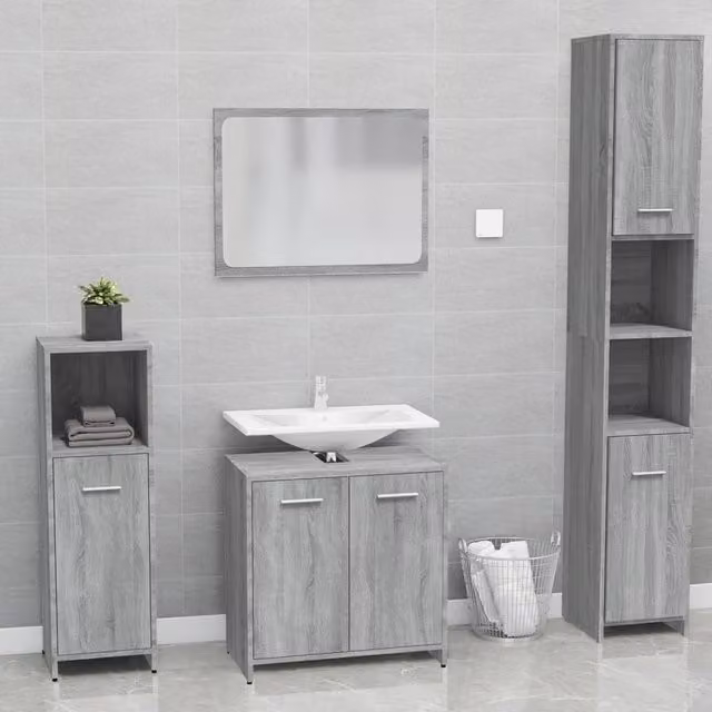 Berkfield Home Modern Grey Bathroom Furniture Set with Mirror Cabinet and Vanity Unit – 1
