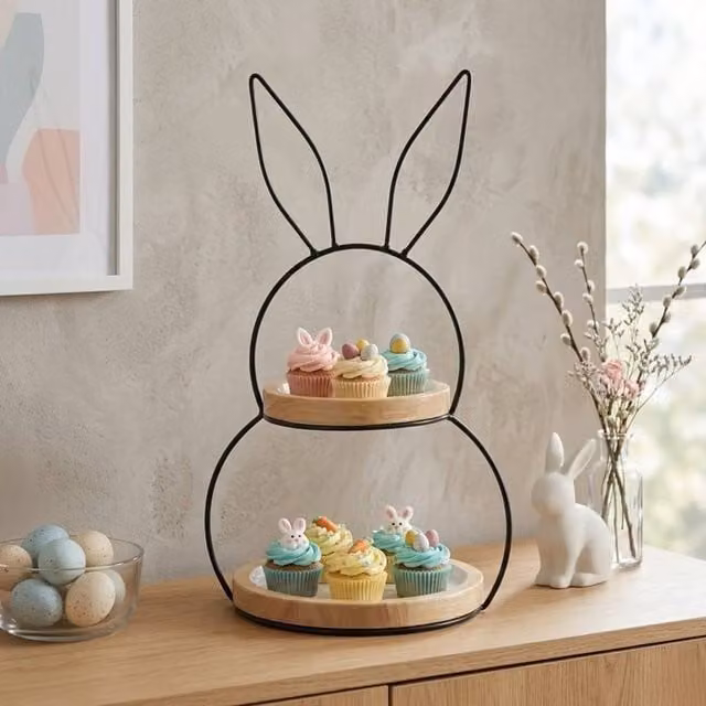 Garden Greatness 2 Tier Bunny Rabbit Cake Stand, 2 Pack, Multicolour Wood
