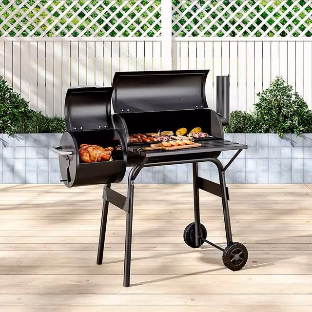 Kidkid Portable Charcoal BBQ Grill with Thermometer and Wheels in Black Steel