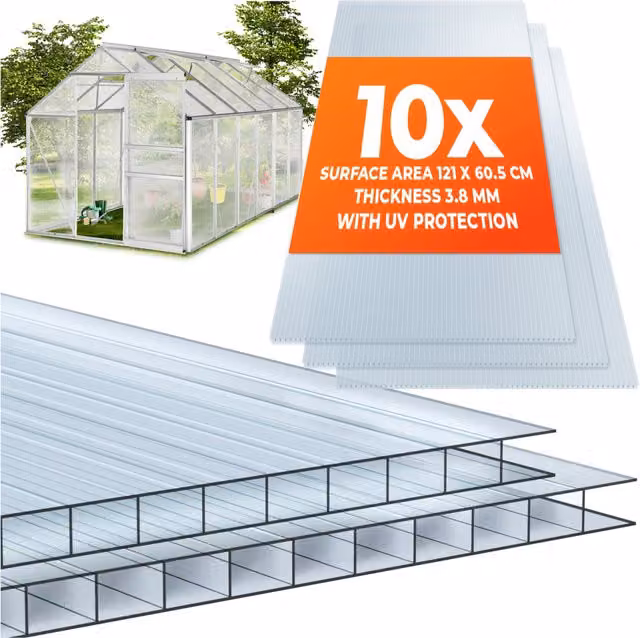 tectake 10 Pack Dual-Walled Polycarbonate Panels, Insulating and Cuttable, Transparent, 0.4cm Thickness