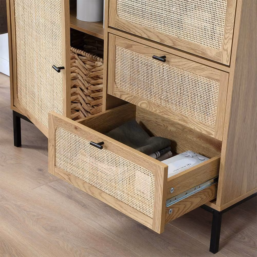 CALICOSY Jaya High Buffet with Natural Rattan Fronts in Light Brown, W: 100 cm, H: 120 cm – 5