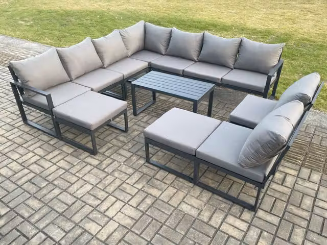 Fimous 11 Seater Aluminium Outdoor Garden Furniture Set in Dark Grey with L-Shape Corner Sofa, Oblong Coffee Table and 2 Large Footstools