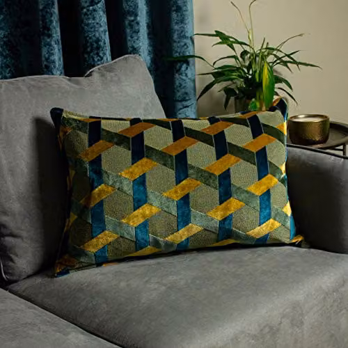 Paoletti Delano Geometric Velvet Cushion in Petrol, Gold and Blue, W/D/H: 60 x 40 x 40 cm – 4