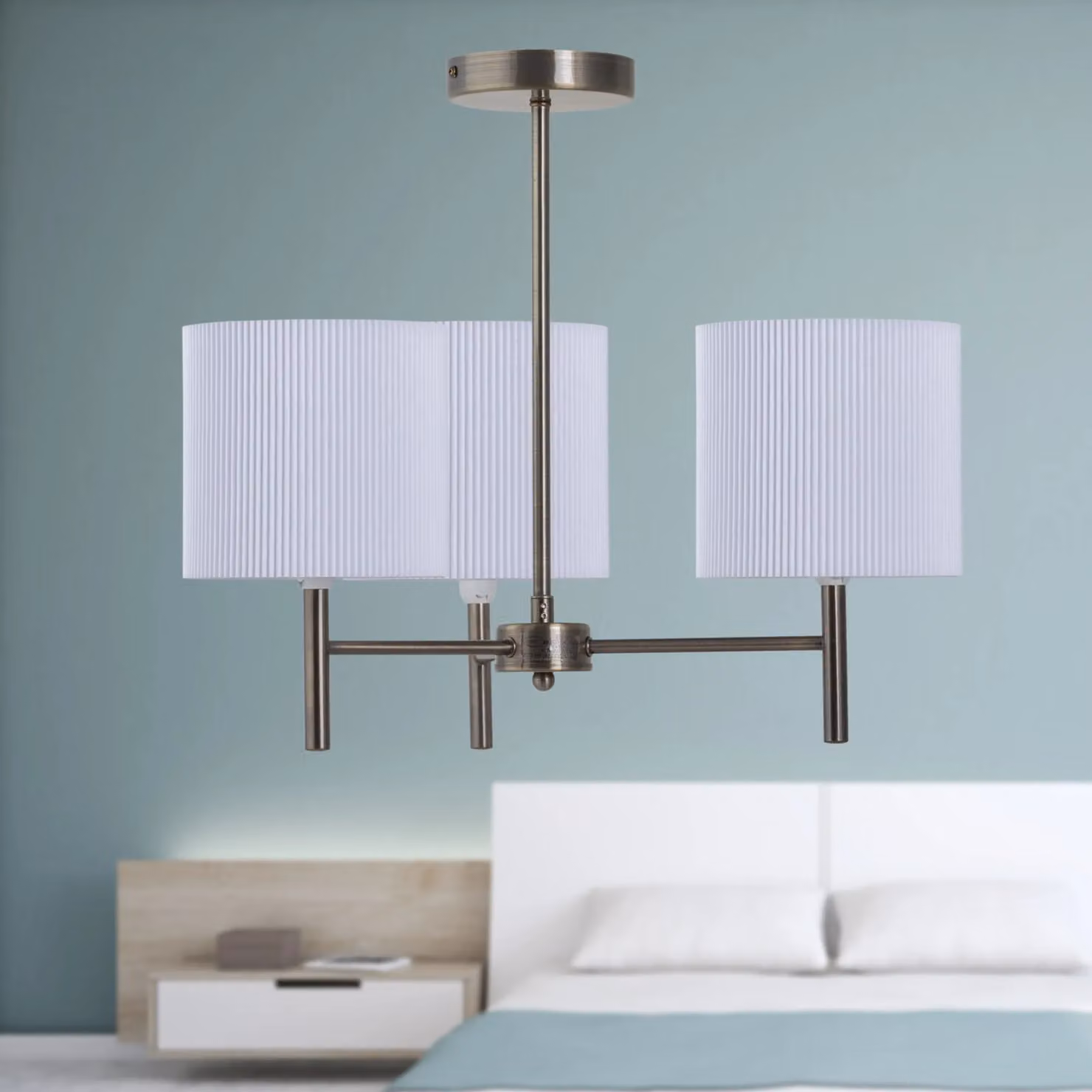 First Choice Lighting Brea 3 Light Ceiling Fitting in Antique Brass with White Fabric Pleated Shades – 2
