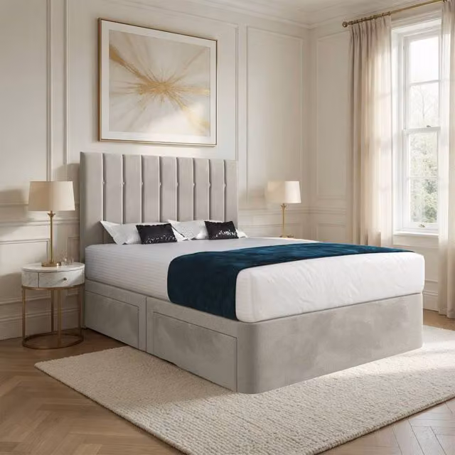 Casani Leyburn Modern Upholstered Velvet Bed Frame with Drawers, Beige, W/D/H: 120 x 200 x 137 cm – 1