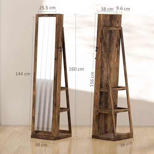 HOMCOM 360 Swivel Free Standing Jewellery Cabinet with Mirror in Rustic Brown, H 160 x W 38 x D 38 cm – 6