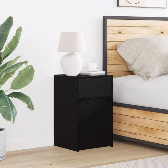 Berkfield Home Modern Black Oak Bedside Cabinet with Integrated Lighting, W: 38 cm, D: 34 cm, H: 61 cm