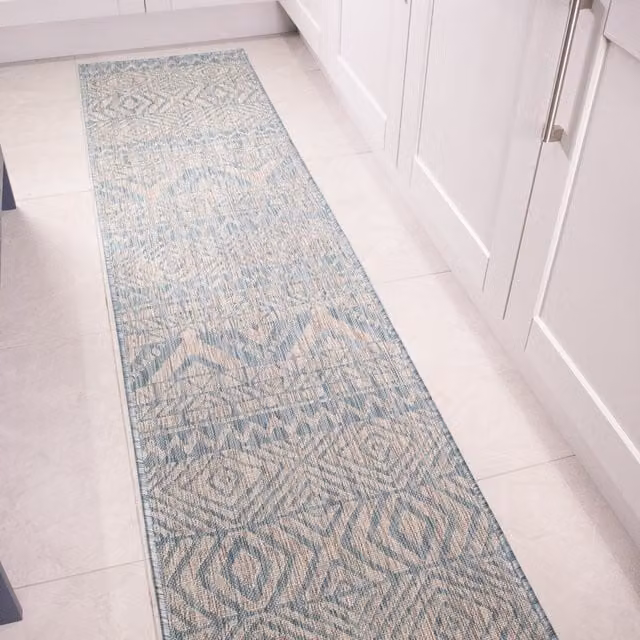 The Rug House Aztec Tribal Flatweave Rug in Blue and Turquoise, W: 240 cm, D: 60 cm