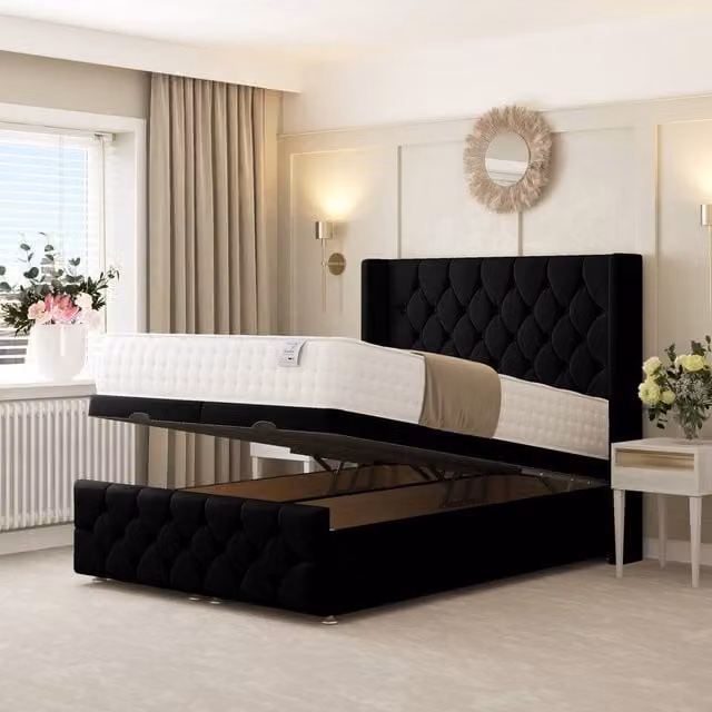 Bed Choices Deluxe Ottoman Upholstered Chesterfield Divan Bed in Black Velvet, W/D/H: 180 x 200 cm, with 137.16 cm Headboard