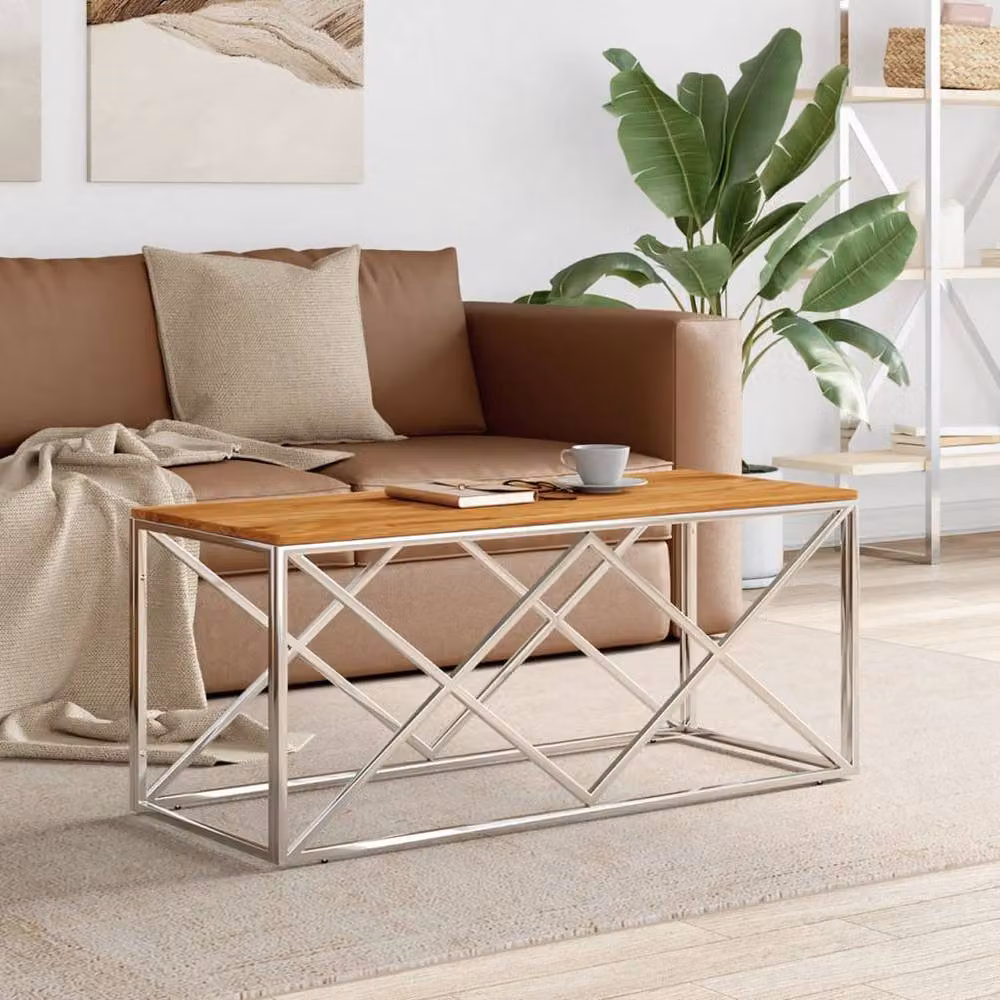 Berkfield Home Beautiful Coffee Table in Silver Stainless Steel and Solid Acacia Wood W/D/H: 110 x 45 x 45 cm – 2