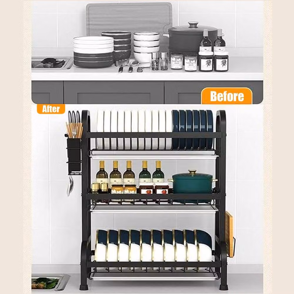 simplehuman Stainless Steel 3 Tier Dish Drainer Rack with Drip Tray and Cutlery Holder in Black or White – 8