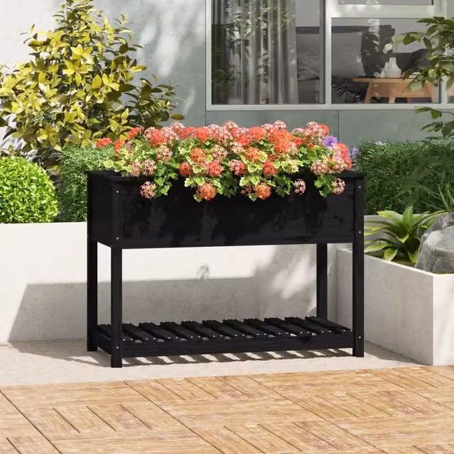 Berkfield Rustic Pine Planter with Shelf, Black, W: 111.5 cm, D: 54 cm, H: 81 cm