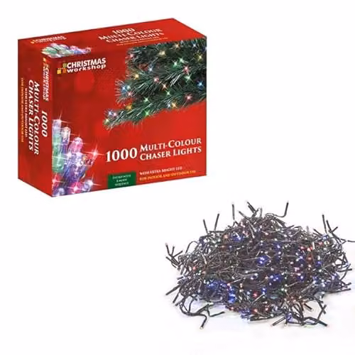 The Christmas Workshop 1000 Multi-Coloured LED Chaser Christmas Lights with 8 Light Modes, 69.9 Metres