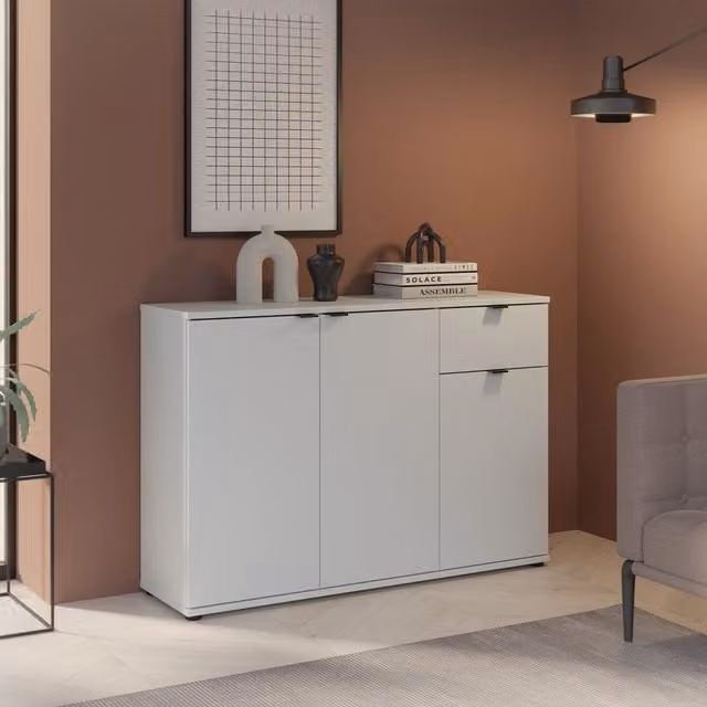 Furniture To Go Ganymede Wide 3 Door Cupboard with Drawer in Light Grey