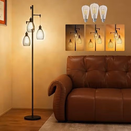 HOMCOM Dimmable 3-Light Industrial Floor Lamp in Black, Height: 170.5 cm