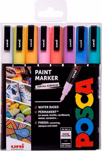 Pack of 8 Posca Multicolour Pastel Permanent Ink Paint Markers