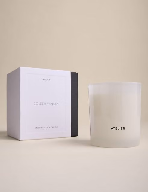 Atelier Golden Vanilla Scented Tabletop Candle in Black and White Glass