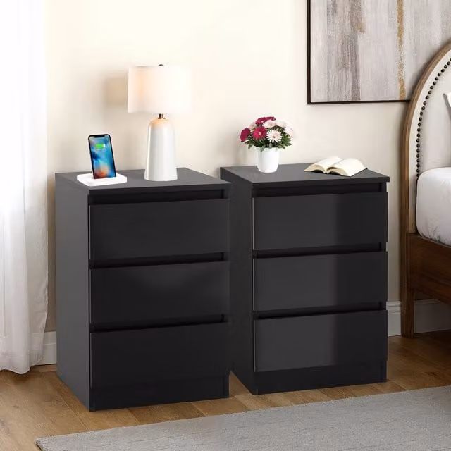 Seconique Malvern Set of 2 Black 3 Drawer Bedside Cabinets