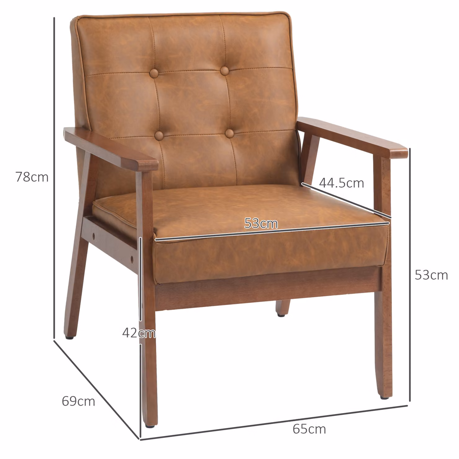 HOMCOM Set of 2 Retro-Style Accent Chairs with Brown Faux Leather Seats and Solid Wood Frames – 3