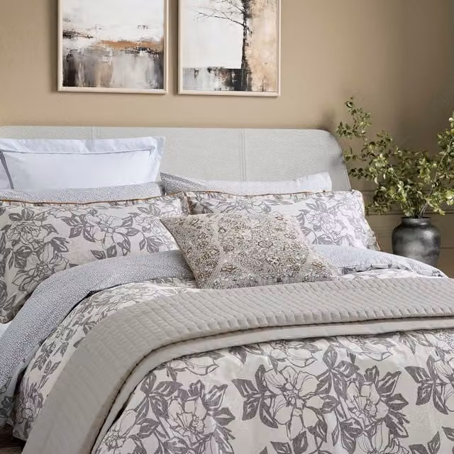 Bedeck of Belfast Maira Single Duvet Cover and Pillowcase Set, Grey Floral Cotton Percale, W: 90 cm, H: 200 cm – 1