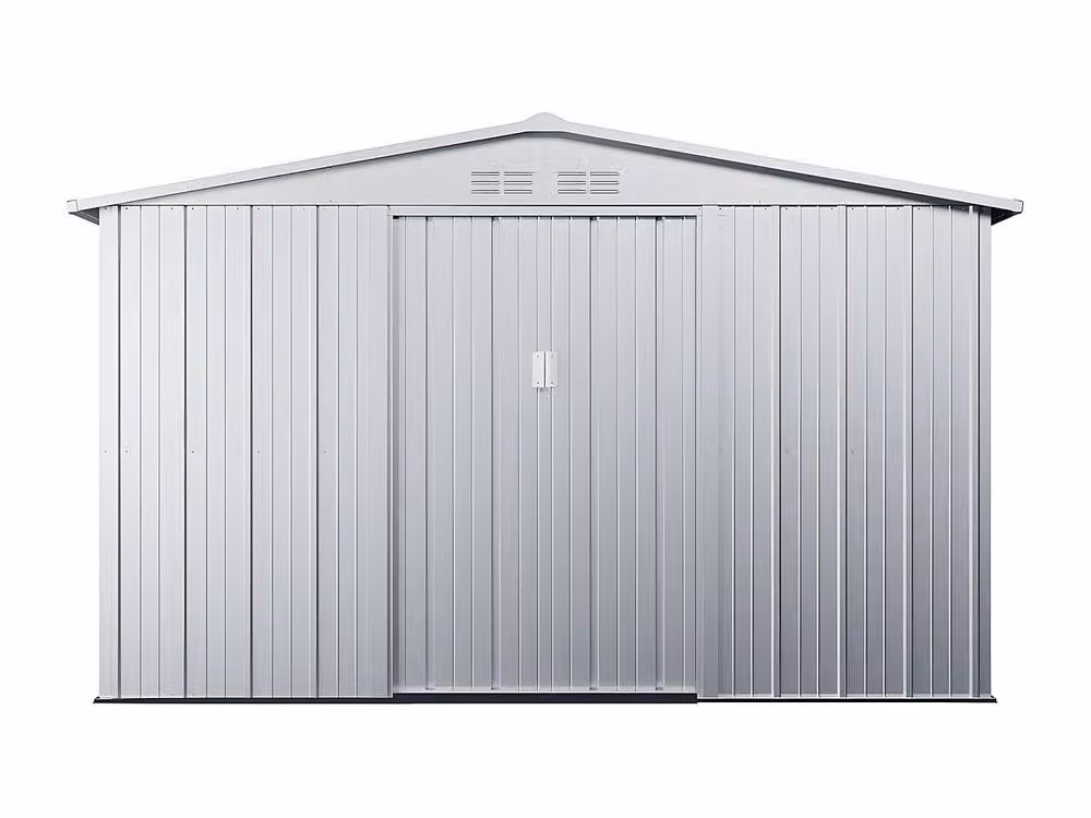 Vente-unique LINUS Galvanised Steel Garden Shed in Light Grey with Double Doors and Gable Roof – 2
