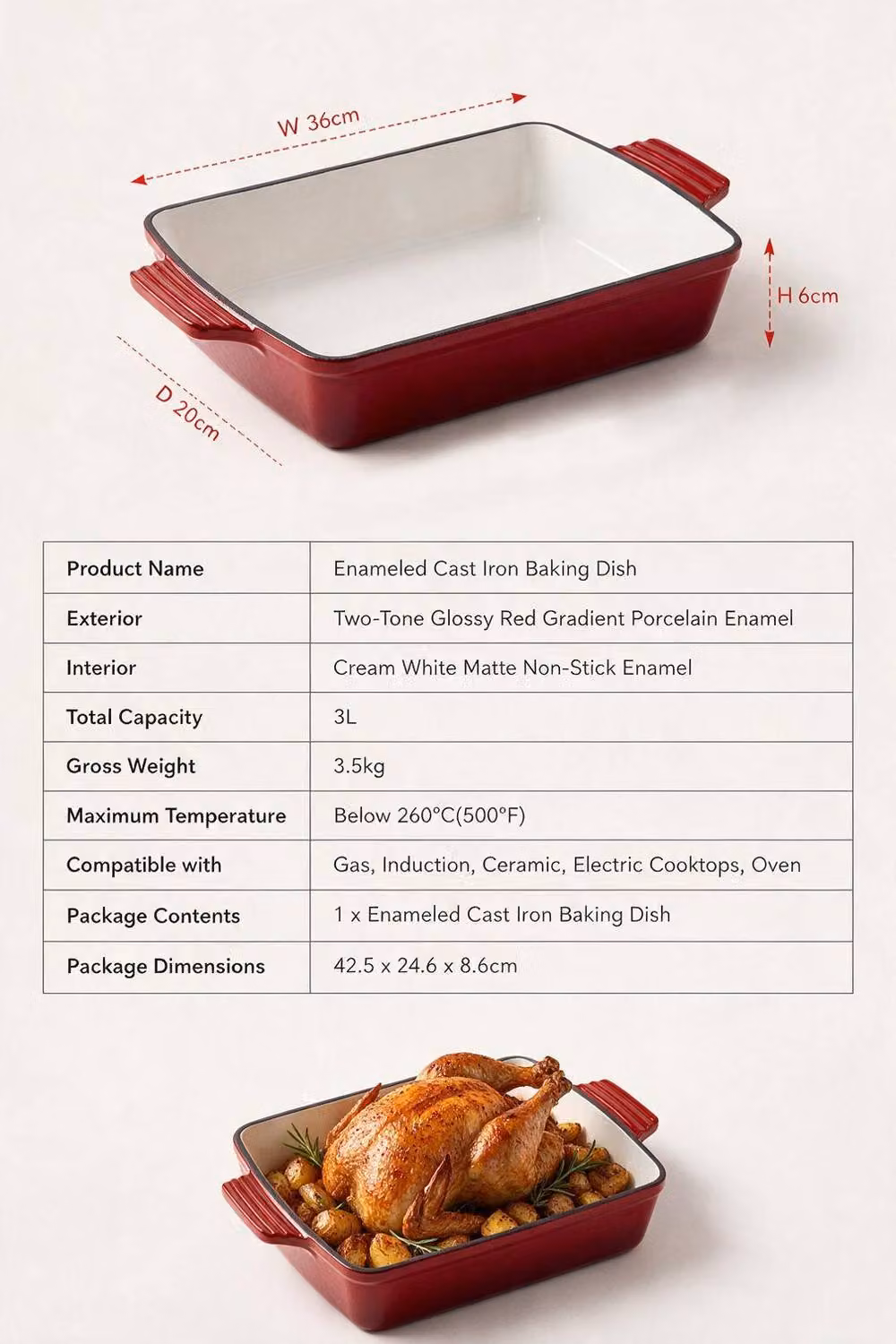 ExtraStar Enamelled Cast Iron Rectangular Casserole Dish with Lid and Dual Handles, Red – 5