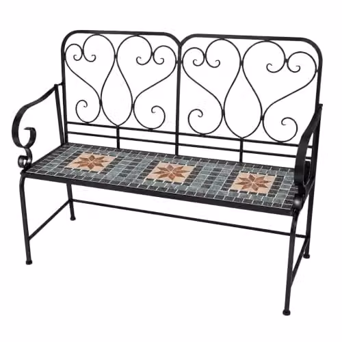 SHATCHI Marrakech 2 Seater Mosaic Garden Bench with Multicolour Geometric Ceramic Tile Seat and Lacquered Metal Frame, W: 112 cm, H: 96 cm, D: 47 cm