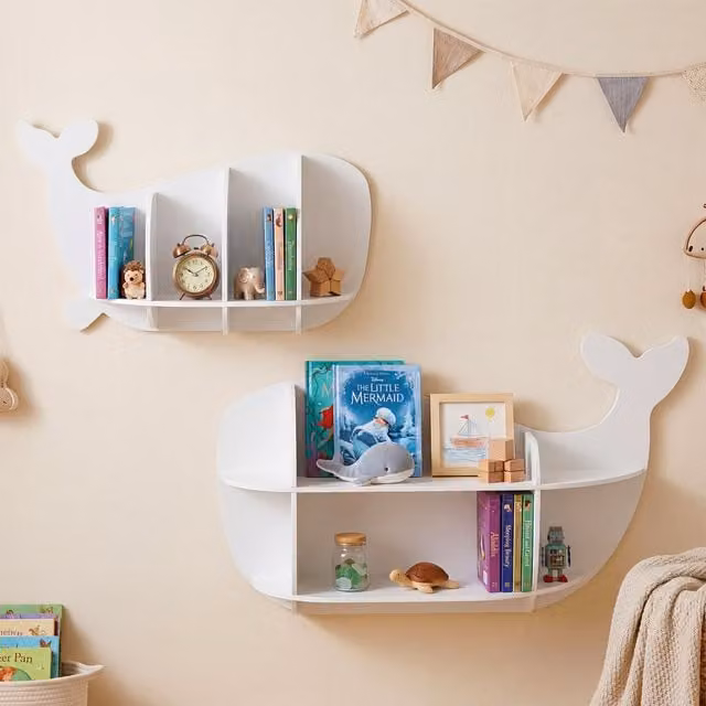 COSTWAY White Wall Mounted Open Back Storage Display Rack Set for Childrens Rooms and Living Rooms