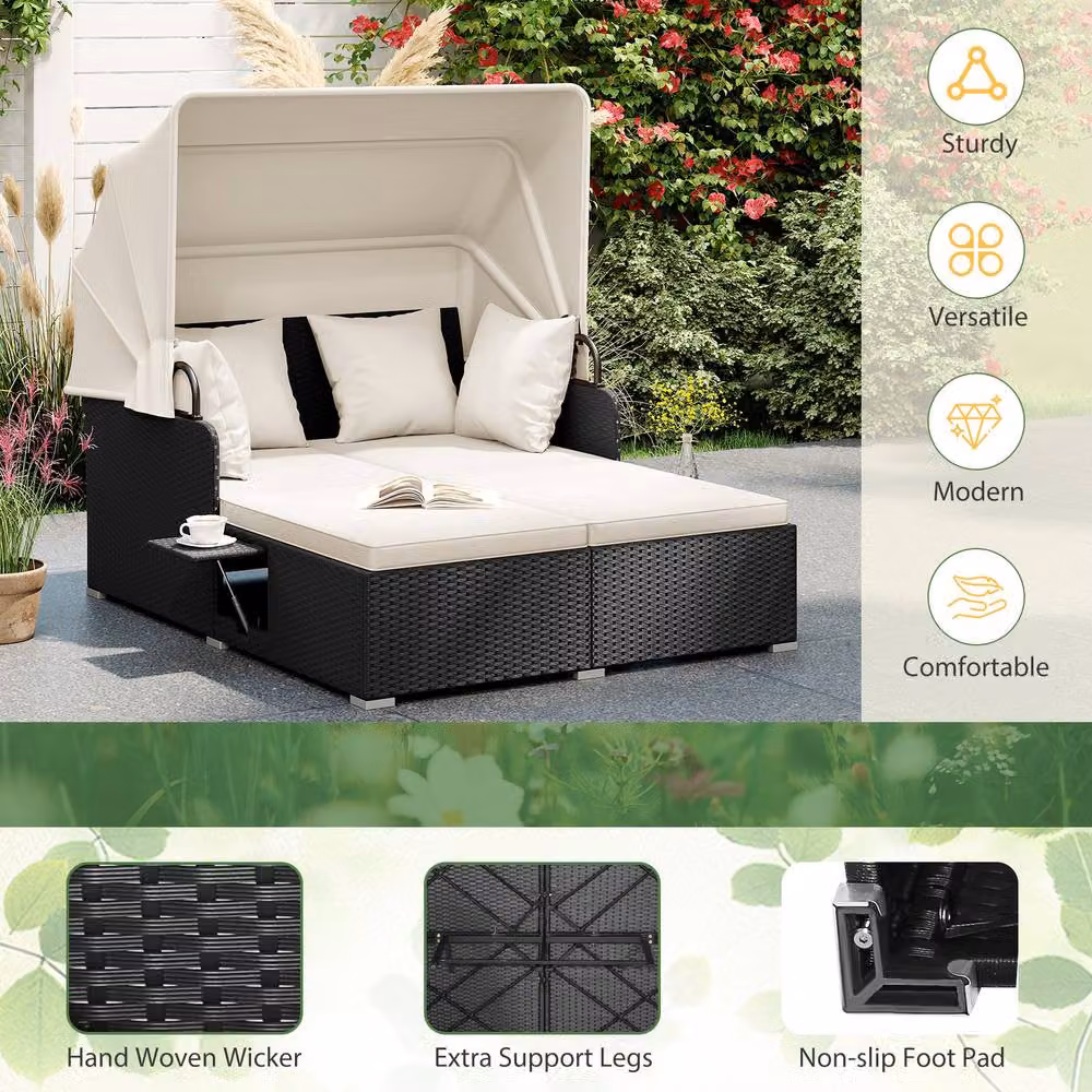 Gymax Outdoor PE Rattan Wicker Sunbed for 2 Adults in White – 5