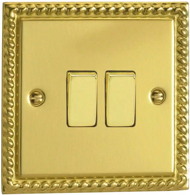 Varilight XG2D 2-Gang Georgian Brass Rocker Switch, Yellow/Gold, W: 95 mm, D: 95 mm, H: 25 mm