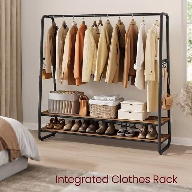 The Bazaarist Industrial Multi-Function Garment Clothing Rack with Shelves and Hooks in Rustic Brown and Black