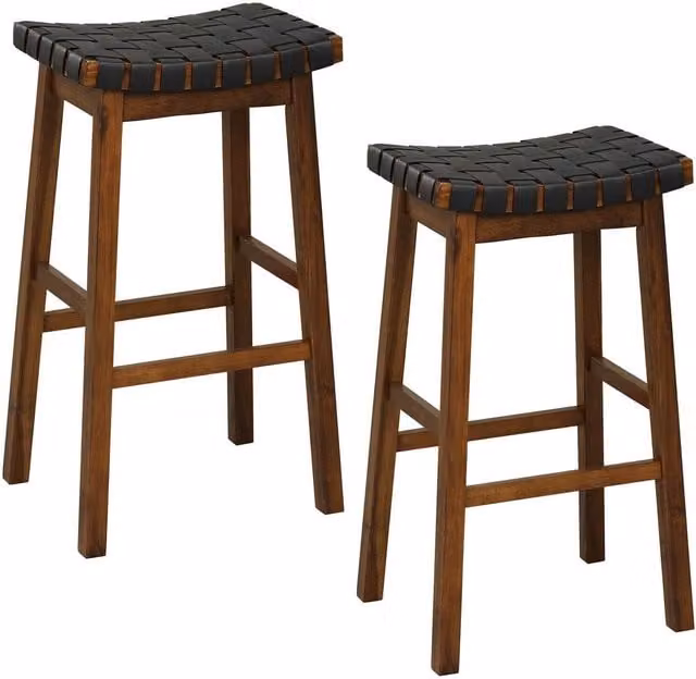 Costway Set of 2 Backless Dining Chairs in Brown and Black PU Leather with Rustic Wood Frames