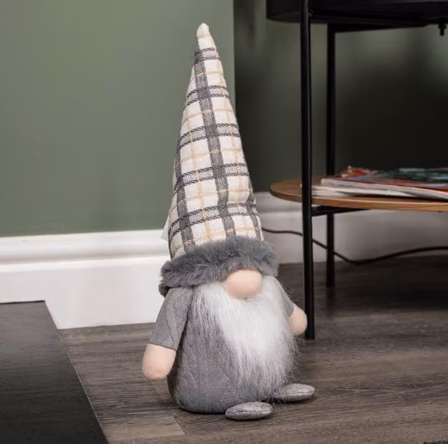 Samuel Alexander Grey and White Standing Christmas Gonk Tabletop Decoration with Tartan Hat, Height: 35 cm